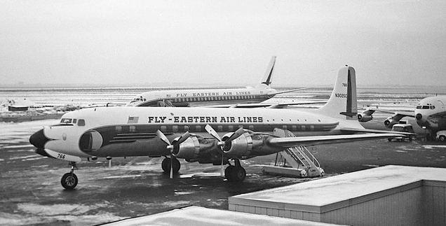 Bridging the gap to the jet age: an Eastern Air Lines DC-6 at New York’s John F. Kenndy airport with a pair of Eastern Boeing 707s in 1961
